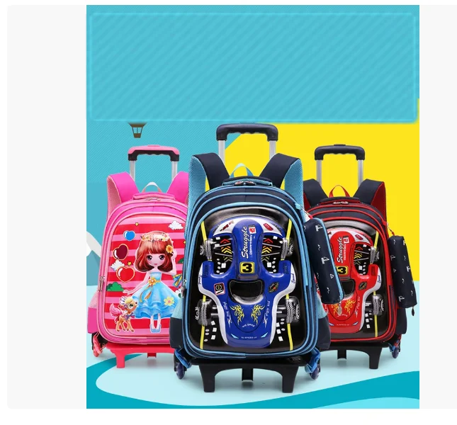 Waterproof School Trolley bags for boys Children Trolley School Rolling backpack Bags for kids 3D Car PU School wheeled Backpack