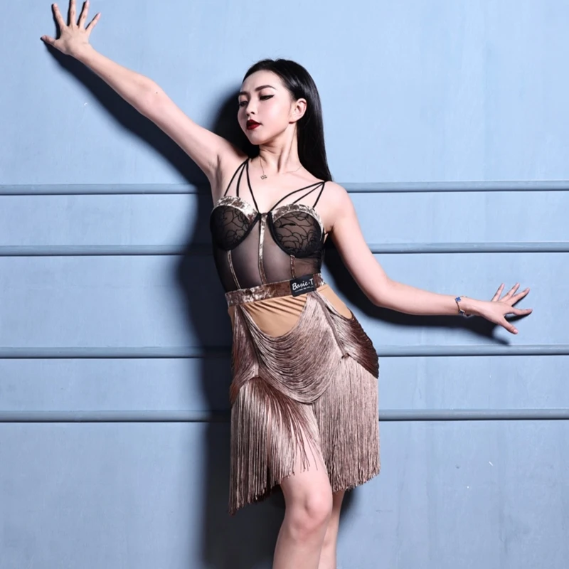 Costume de danse latine Rumba Samba pour femmes, haut sans manches, jupes à franges, vêtements de danse de salle de bal pour adultes, vêtements d'entraînement SL13194