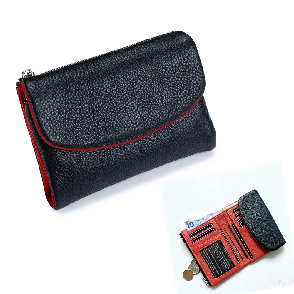 Tril Fold Women's Wallet Tumbled Full Grain Soft Cow Leather 2-tone Black & Red Short Purse Organizer with Card Holders  Wallets