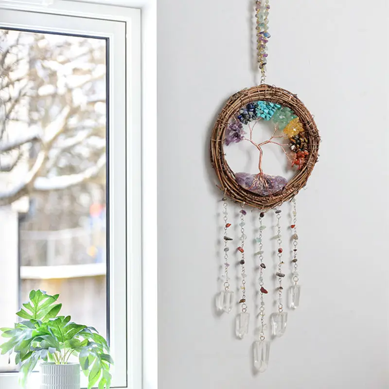 

Vintage Fashion Rattan Ring Suncatcher Hanging Ornaments for Room Crystals Amethyst Gems Colors Tree of Life Dream Catcher Decor