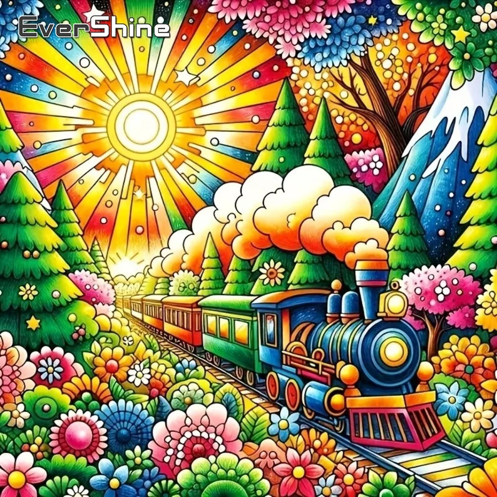 

EverShine Train Diamond Painting Landscape Cartoon Pattern for Adults Beginners DIY Mosaic Tree Flower Embroidery Holiday Gifts