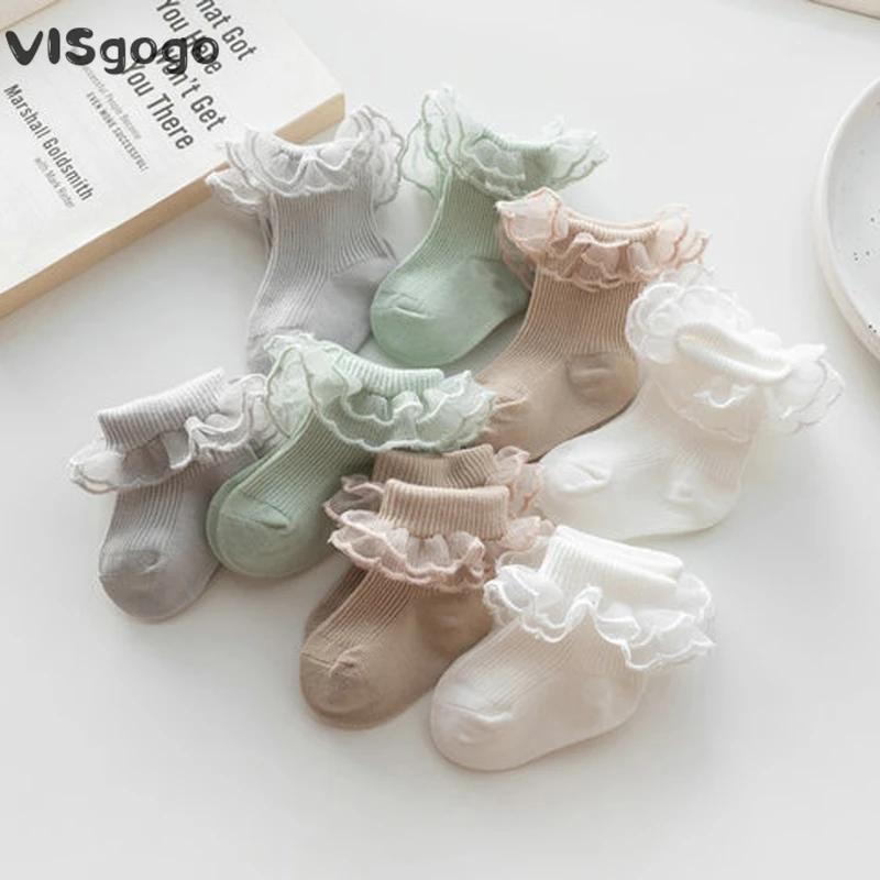 VISgogo Baby Girls Socks Lace Ruffles Sweet Anti-Skid Princess Socks Toddler Spring Fall Cute Kids Socks