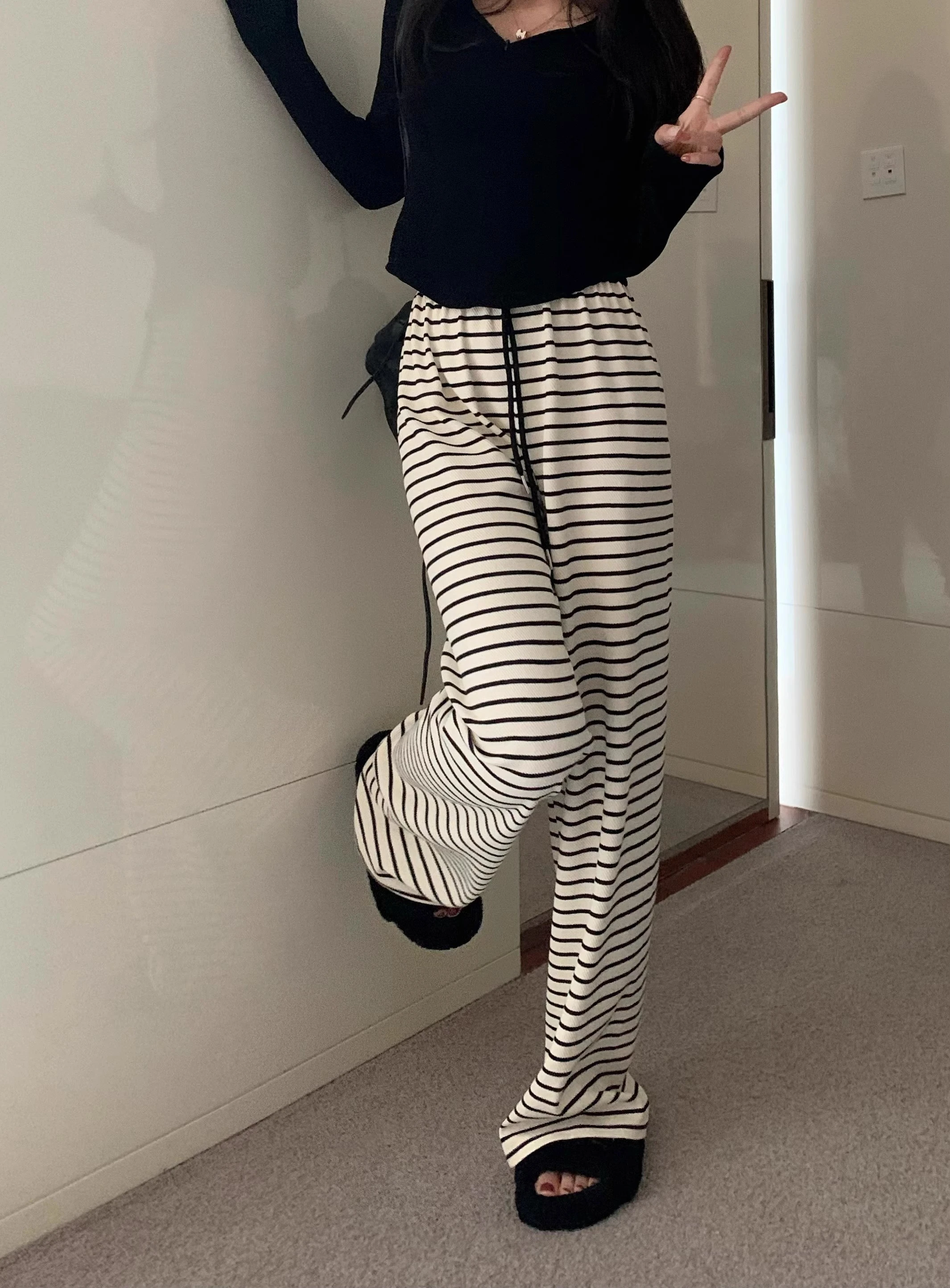 High quality cool cotton bead ground black and white striped casual pants for women spring and summer high waist hanging wide le