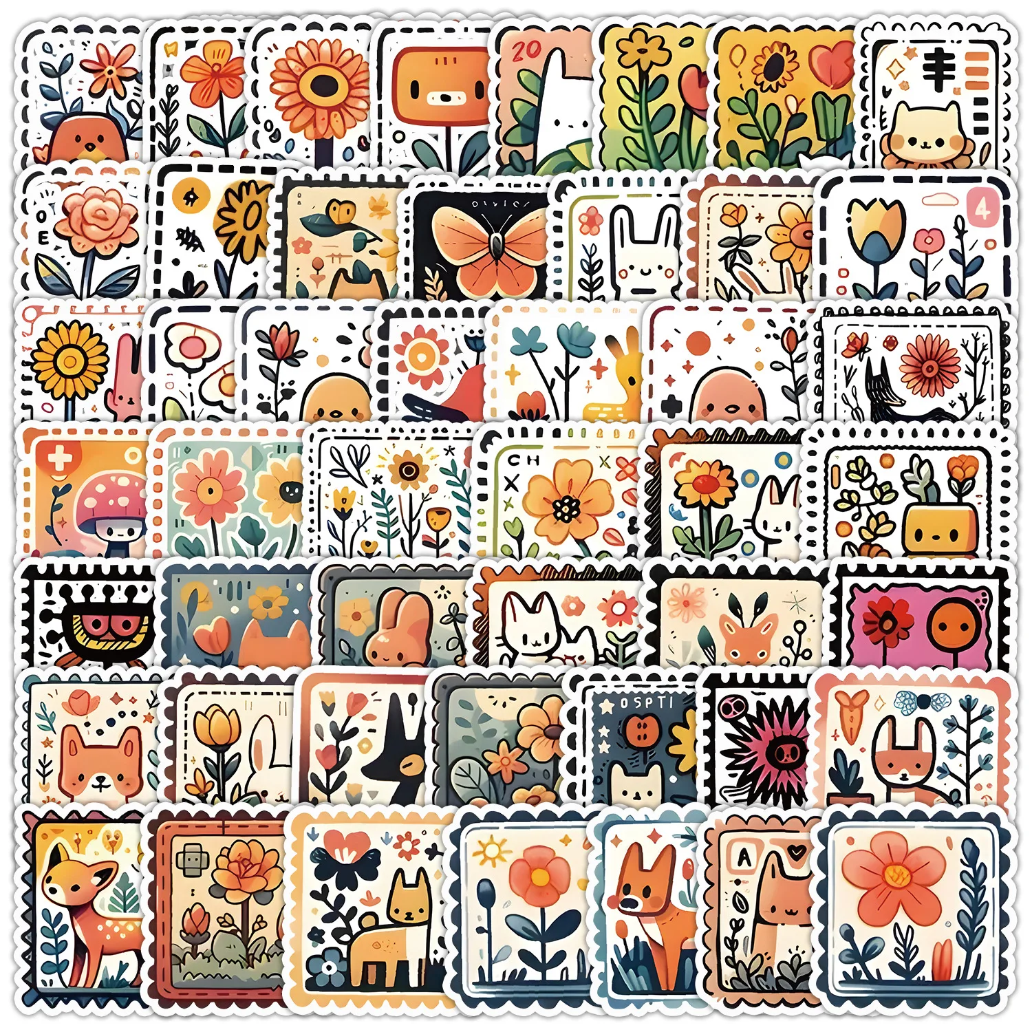 50pcs Animals Plants Stamp Series Graffiti Stickers For Mobile Phone Shell Skateboard Decorative Stickers DIY Toy Sticker Pack