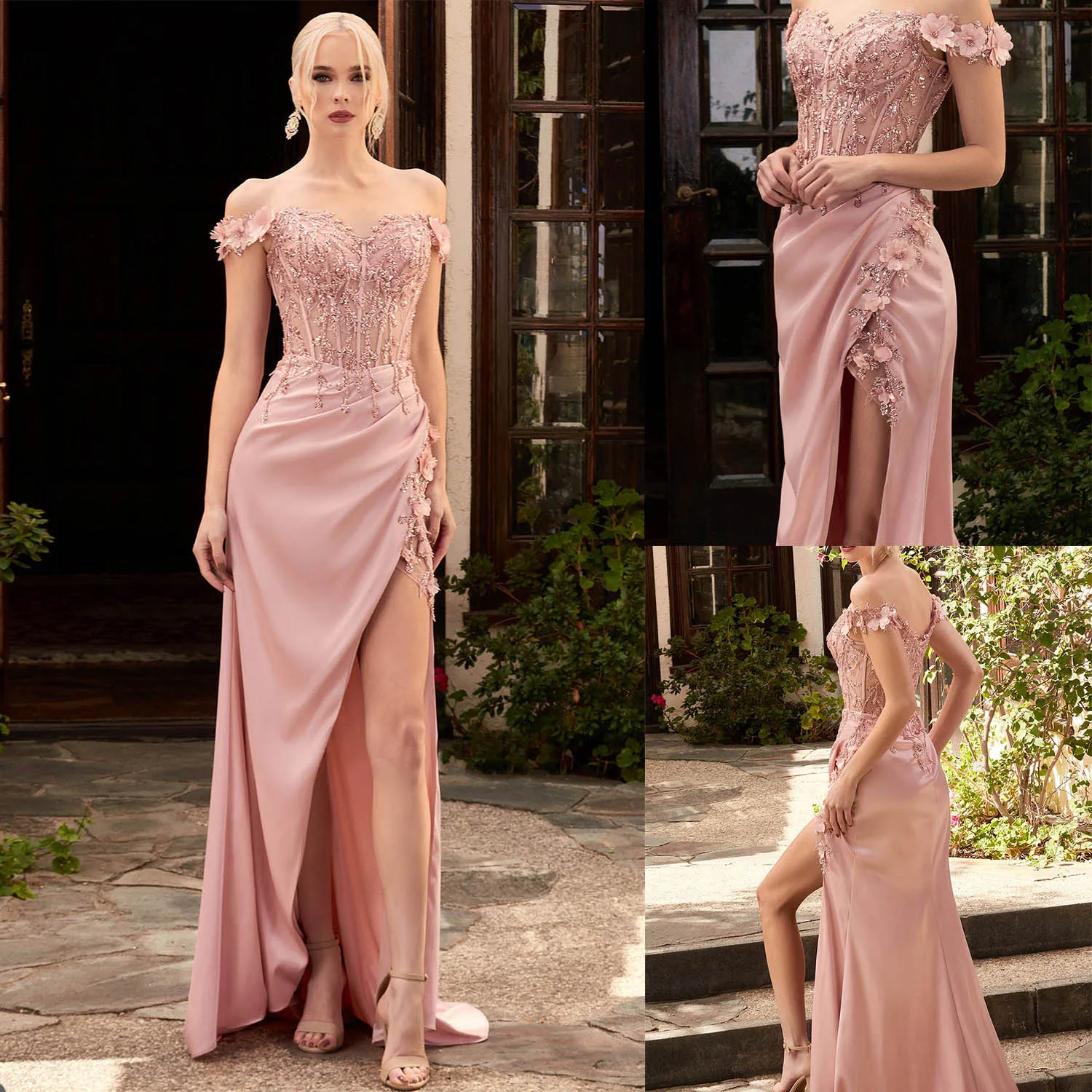 Exquisitos Vestidos De Noche De línea A con abertura lateral, Apliques De encaje rosa, Vestidos De cuentas, Vestidos De tren De barrido, vestido De fiesta Formal