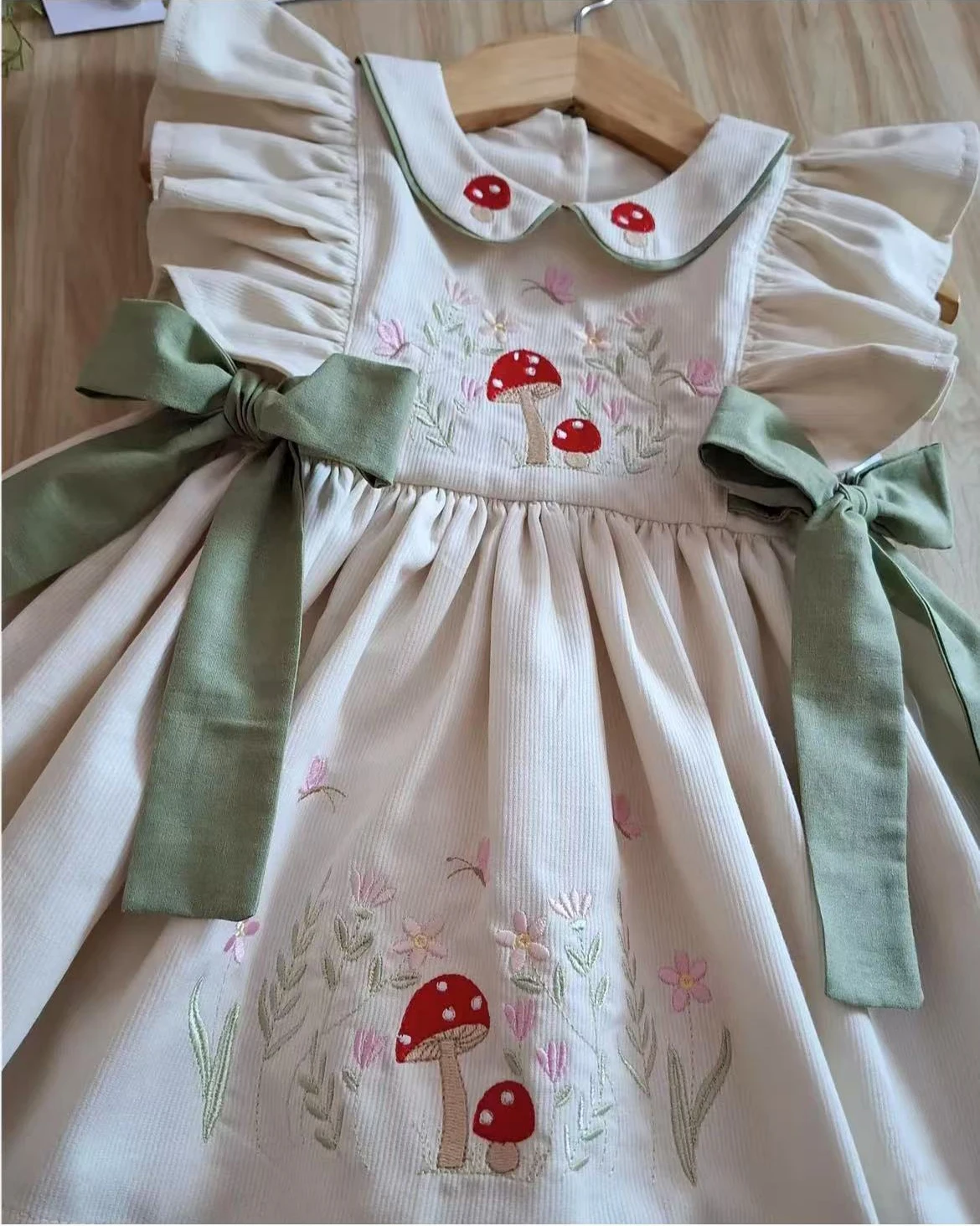 

0-12Y Baby Girl Summer Khaki Mushroom Butterfly Embroidery Turkish Vintage Princess Dress for Birthday Holiday Eid Photograph B5