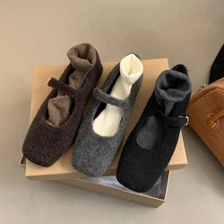 Fashion Square Toe Fleece Flet Ballet Flats Woman Winter Warm Wool Mary Jane Shoes Ladies Brand Design Elegant Plush Loafers