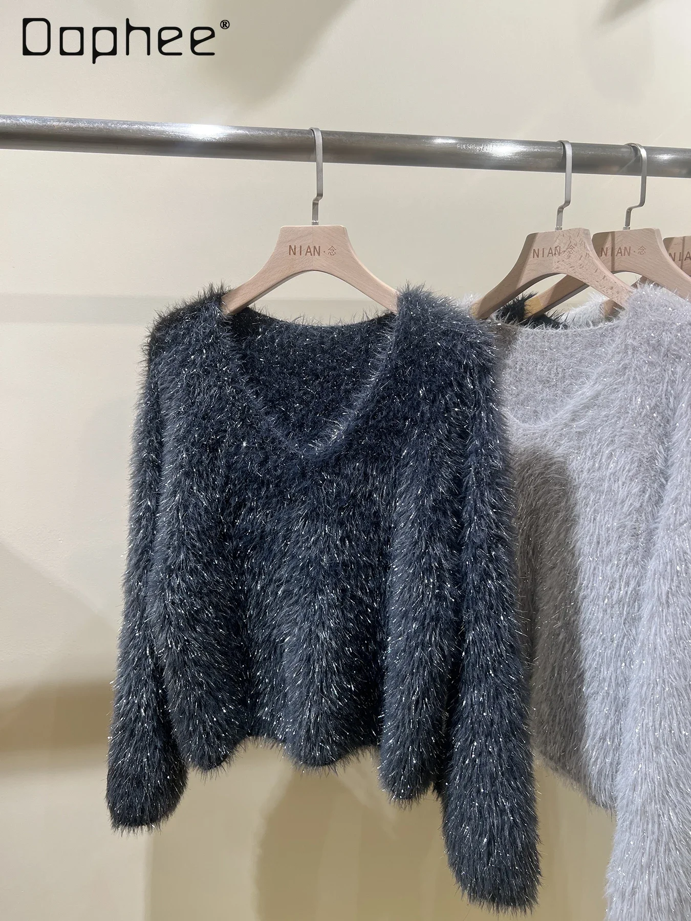 

Mink Fur Pullovers for Women Loose Bright Silk V Neck Short Mohair Knitted Sweater Solid Color Casual All Match Autumn Winter