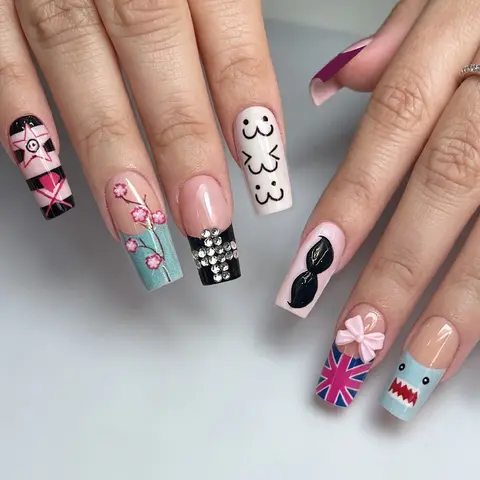 10pcs, Y2K Style Medium-Sized Square 3D Gel Manicure, 3D Gel Flowers, Lines, Heart Shapes, 3D Gel Mustache, in Pink Girl Style