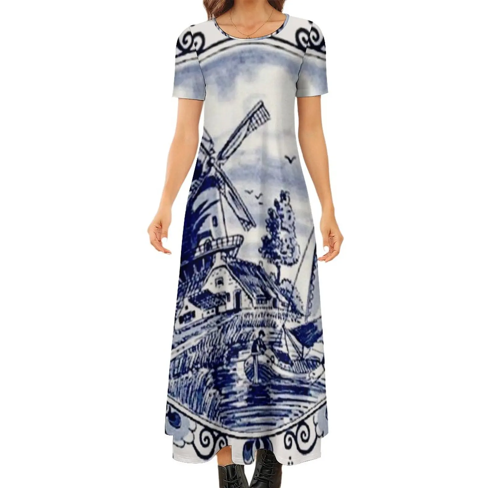 

DUTCH BLUE DELFT: Vintage Windmill Print Round Neck Short Sleeve Dress Summer skirt Beachwear summer dress woman 2024 trendy