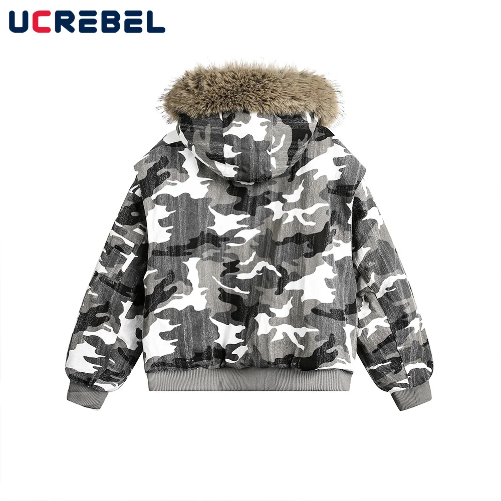 Camouflage Hooded Padded Jacket Mens High Street Winter Thick Loose Long Sleeve Spliced Pocket Quilted Jacket Men