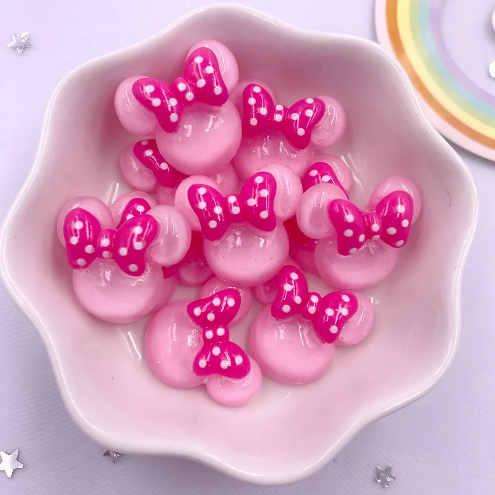 Kleurrijke Hars Mini Cartoon Roze Boog Muis Hoofd Plaksteen Cabochon Plakboek 10PCS DIY Accessoire Decor Beeldjes Accessoires OM39