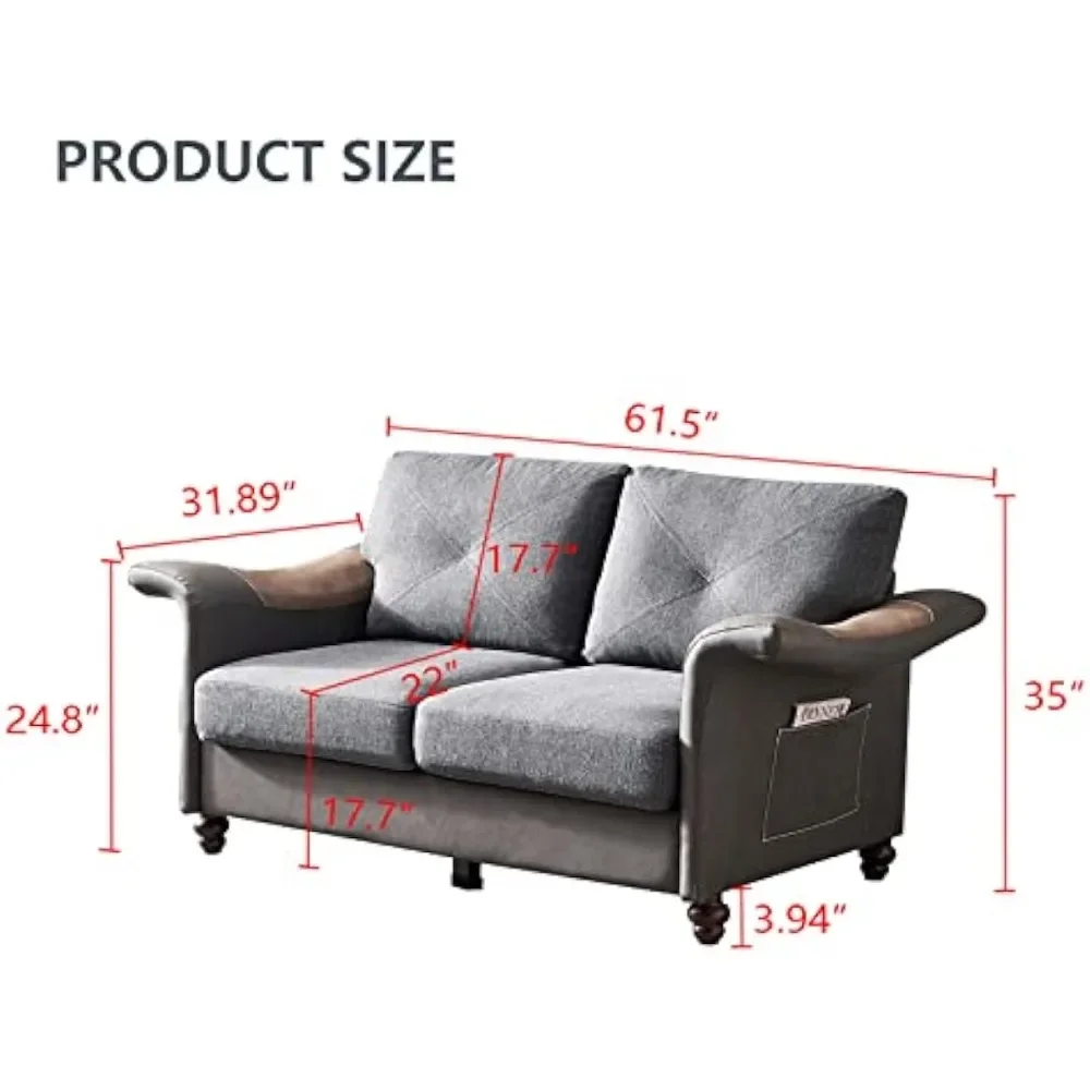 Modern General Use Faux Leather with Wood, Upholstered Linen Fabric Love Seat Armchair Couch with Wide Wooden Legs,Dark Grey