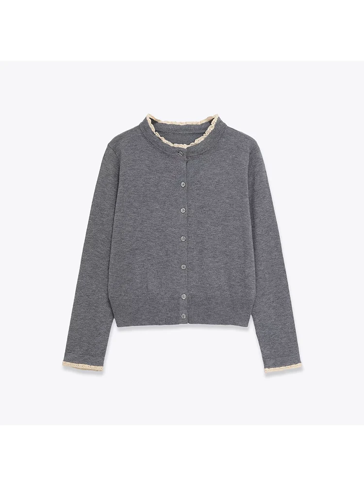 

European style new women's fashion all-match temperament round neck long sleeve lace stitching knitted jacket