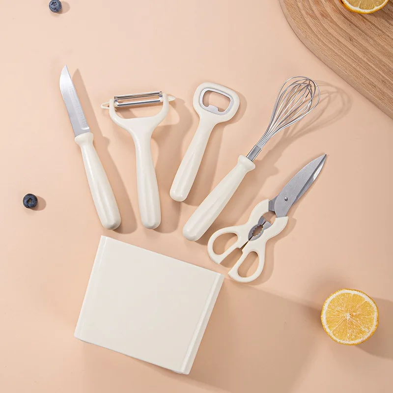 

White Gadgets Combined Set with Storage Holder Peeler Scissors Egg Home Vegetables Cooking Tool Beater Fruit Knife Bottle Opener