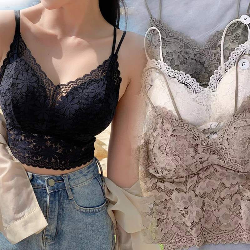 New Women Lace Bras Top Comfortable Bralette Solid Color Sexy Underwear Vest Female Hollow Out Wireless Lingerie Seamless Bra