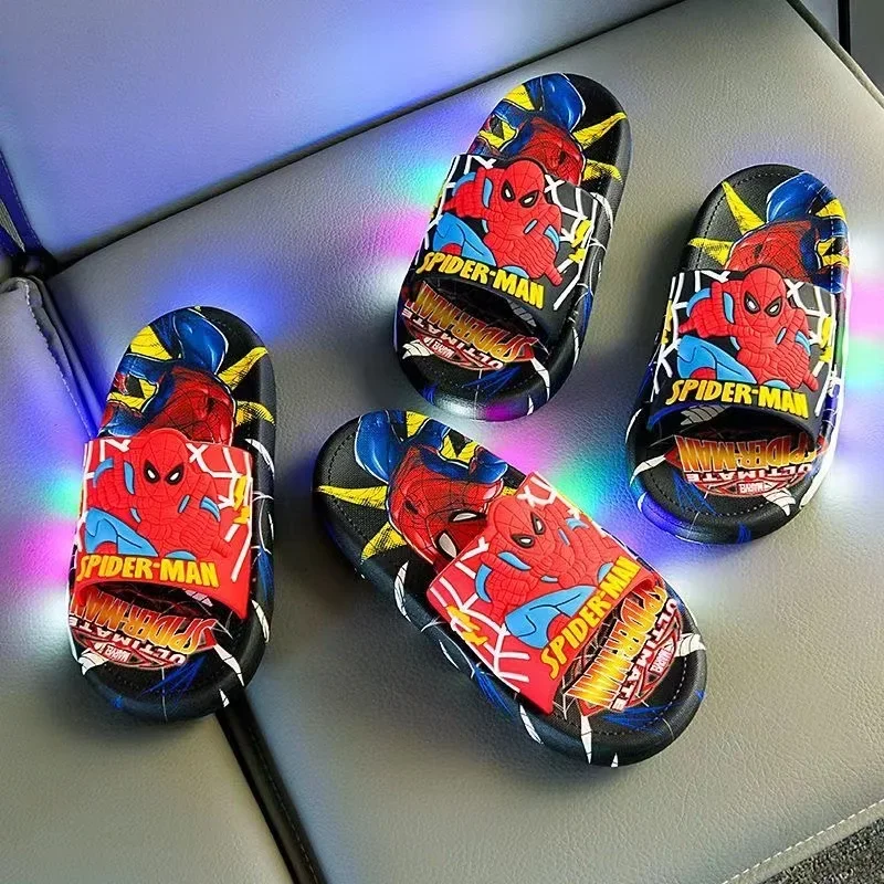 Summer Children LED Light Slippers Baby Boy Girl Cartoon Spiderman Print Kids Indoor Non-slip Soft Infant Beach Shoes Size 24-35