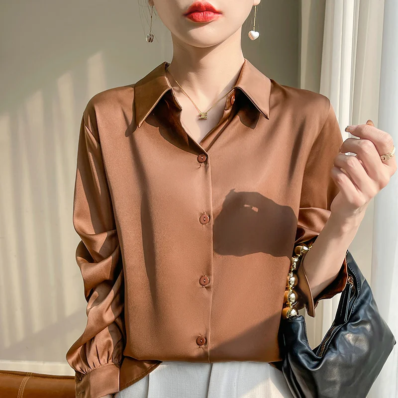 Camisa de manga larga para mujer, chaqueta de protección solar de tela de seda de acetato, primavera y otoño, novedad de 2024, S Li7023
