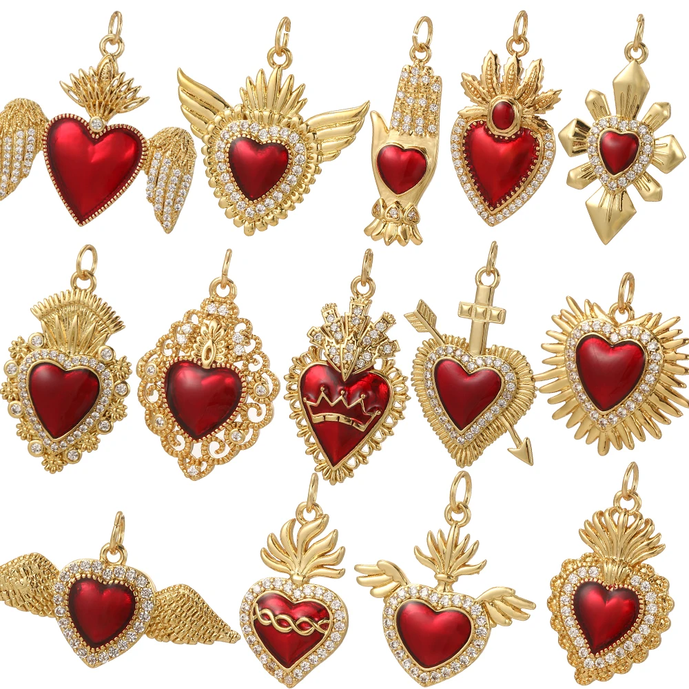 Cute Red Heart Wings Charming Gold Color Charms for Jewelry Making DIY Wearing Women's High Quality Necklace Bracelet Resin Pend