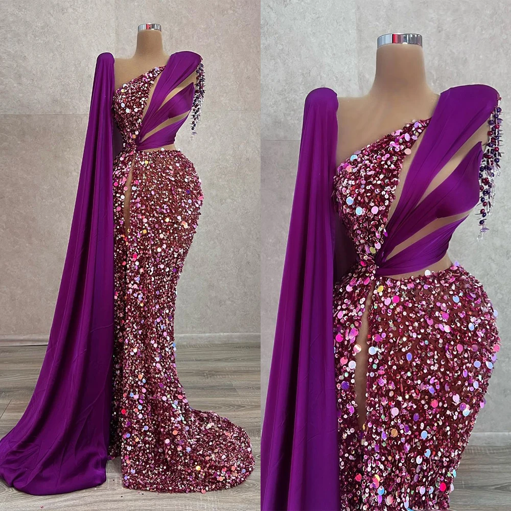 Stylish Purple Evening Dresses Sequins Beading Tassels Prom Gowns Custom Made One Shoulder Side Split Party Dresses