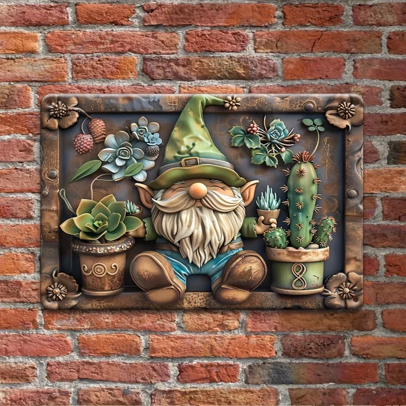 

Vintage Tin Decorative Sign with Garden Gnome and Cactus Theme, Wall Hanging Multipurpose Plaque for Cafe, Bar, Man Cave Home