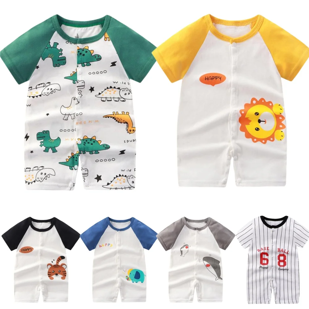 Newborn Clothes Cute Cartoon Dinosaur Tiger Shark Lion Print Strap Comfortable Summer Boys Girl 0-18 Short Sleeved Baby Jumpsuit