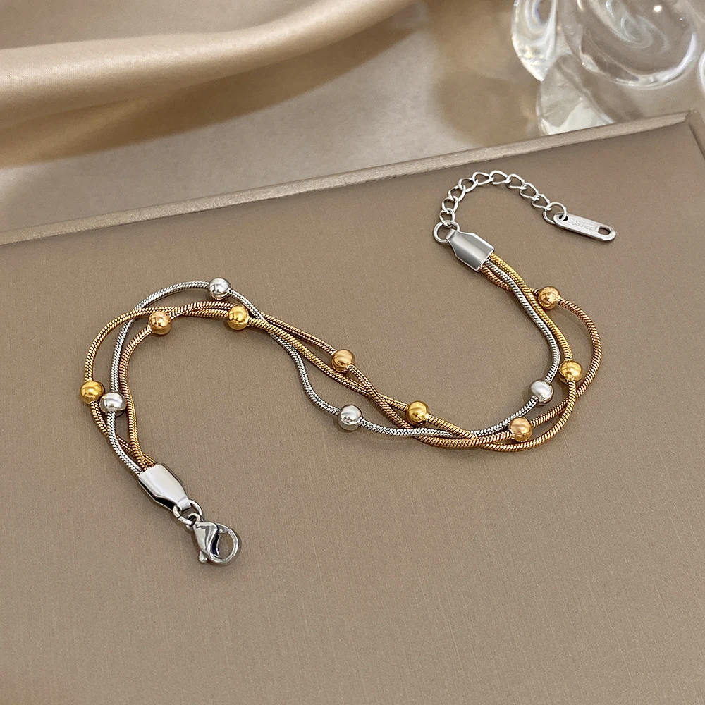 Stilvolles verstellbares Armband aus Edelstahl in Gold und Silber für Damen, elegante mehrschichtige Wickelarmbänder mit Perlen, Party-Schmuck – Detail 9