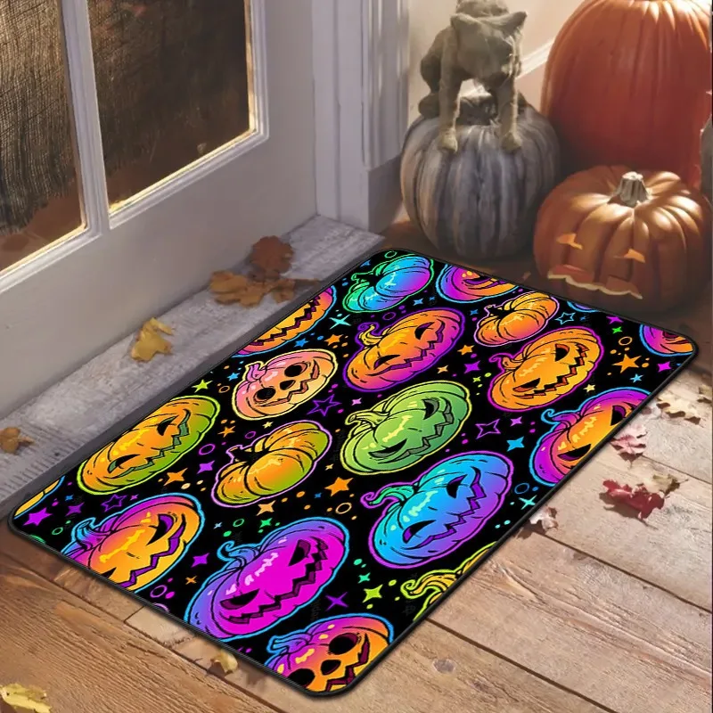 Neon Halloween Door Mat Bright Rainbow Pumpkin Star Pattern Waterproof Entrance Rug Spooky Festival Home Decoration Carpet