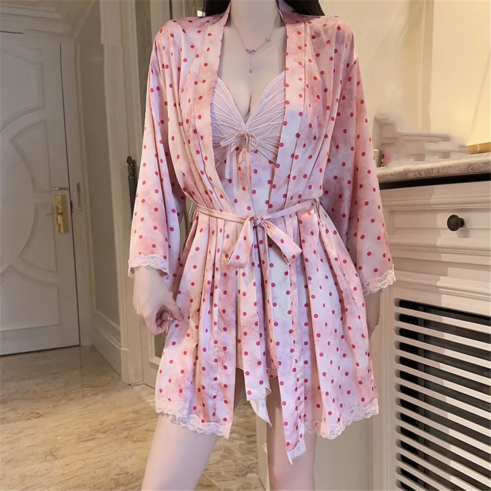 

Sexy Twinset Robe Set Suspender Nightdress Summer Bathrobe Gown Loose Polka Dot Print Satin Homewear
