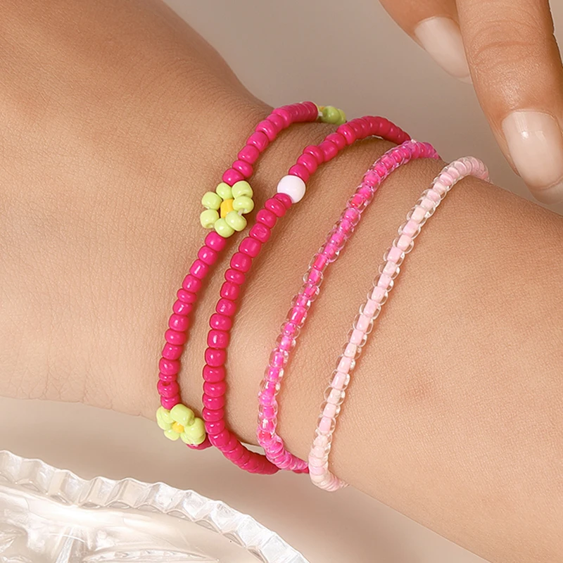 Aihua 4pcs/set Girls Cute Boho Colorful Seed Beaded Bracelet Handmade Kids Teen Friendship Best Friend Gifts Jewelry Set