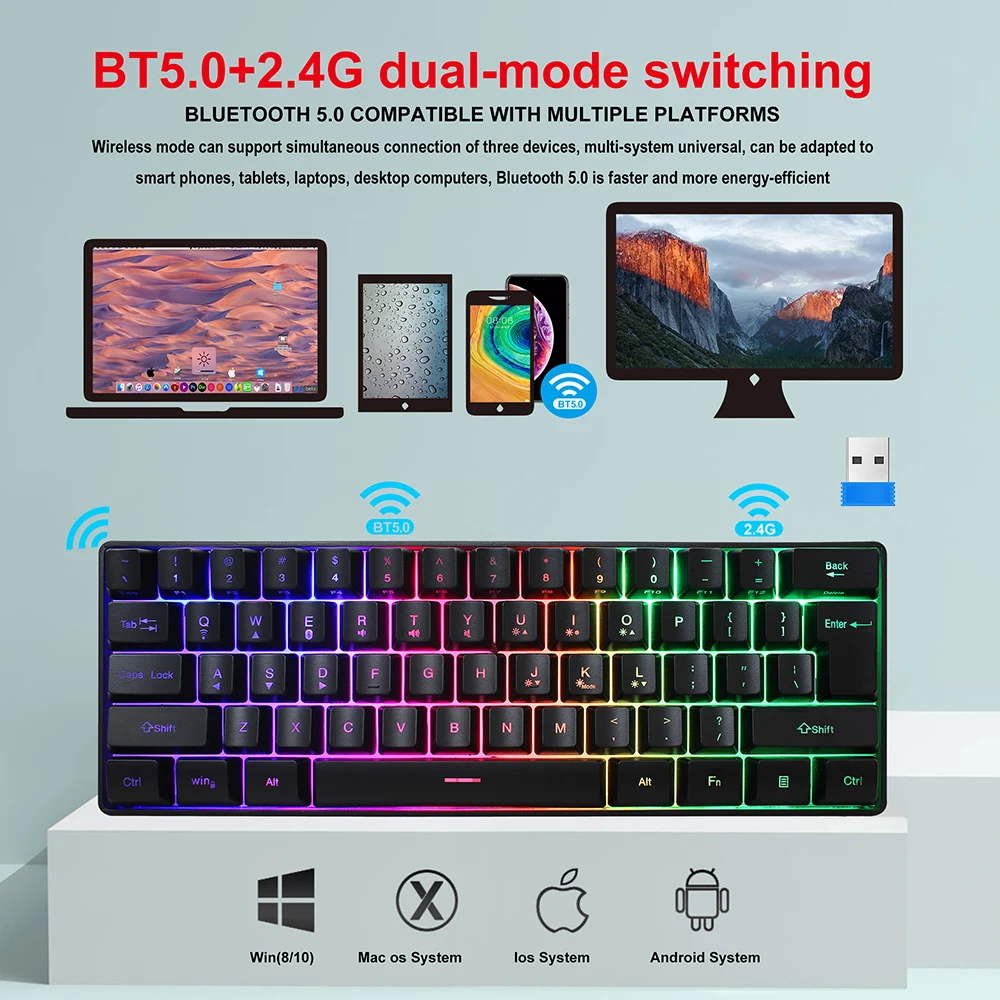 Mini Keyboard Game 61 Keys Wireless keyboard Bluetooth 2.4Ghz Dual Mode Membrane Keyboards RGB Gaming Keyboard gk61