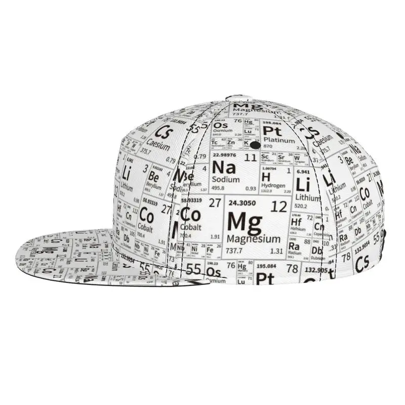 Periodic Table Print Flat Bill Cap Snapback Hat for Men Women Baseball Caps Adjustable Flat Brim Hip Hop Trucker Hats Sun Cap
