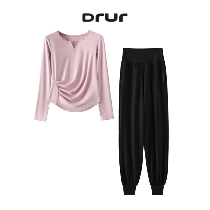 DRUR اليوغا الزي المرأة الخريف خفيفة الوزن سريعة الجافة مجموعة ملابس رياضية 2 قطعة تشغيل قميص رياضي السراويل تجريب الملابس ملابس اليوغا #1