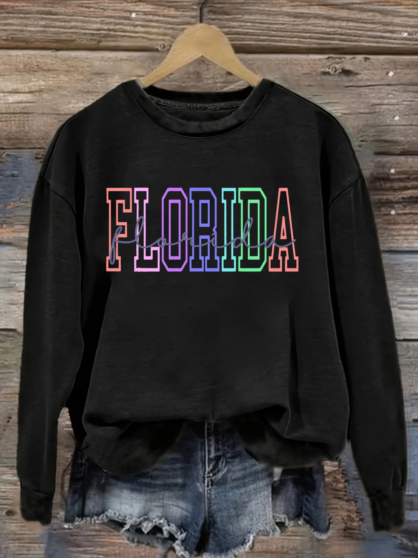 Women's Casual Long Sleeve Crew Neck T-Shirt Florida Rainbow Outline Script Print Design, Round Neck Women's Clothing, Machine Washable, Slightly Elastic, Loose Fit, Spring Autumn Winter Women's T-Shirt, Halloween Costume Outfit