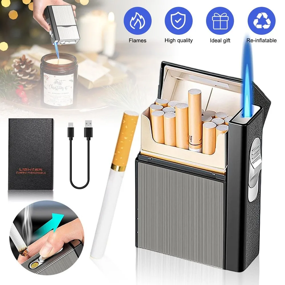2-in-1 cigarette case and lighter is compact and portable, holding up to 20 cigarettes. Ideal for everyday use, camping, hiking, and outdoor activities.