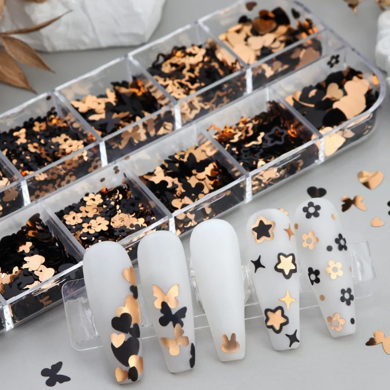 12Grid/Box Retro Schwarz und Gold Nagel Glitter, Schmetterling Herz Stern Kaninchen Nagel Glitter Dekor für Halloween Party Musik Festival