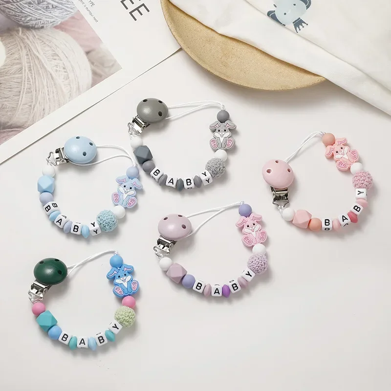 Personalized Letters Name Baby  Rabbit Silicone Pendant Custom Pacifier Clips Chains Fasteners Holder Teething Toys Chew Gifts