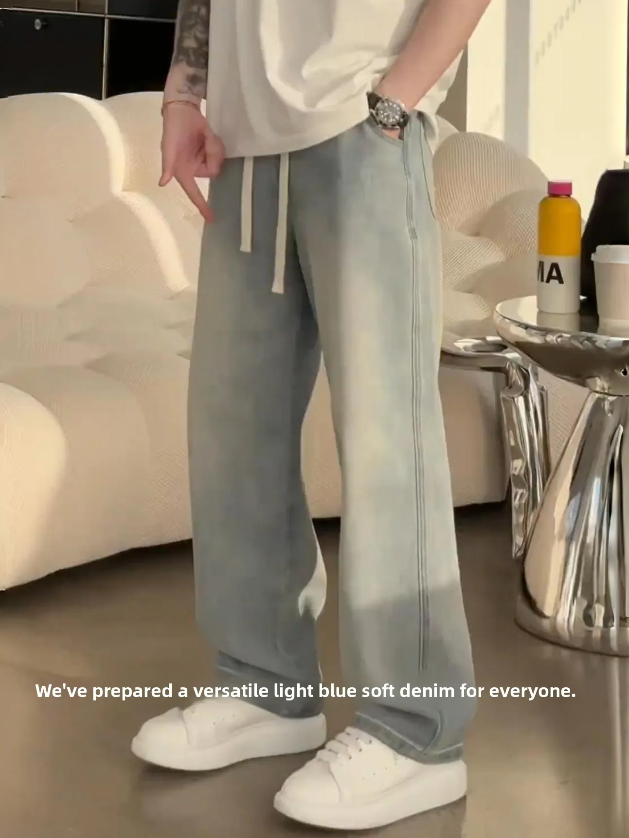 

Spring Autumn New Men's Retro Waed Light Denim Jeans Loose Slimming Casual Straight Leg Pants Dstring Waist Low Waist