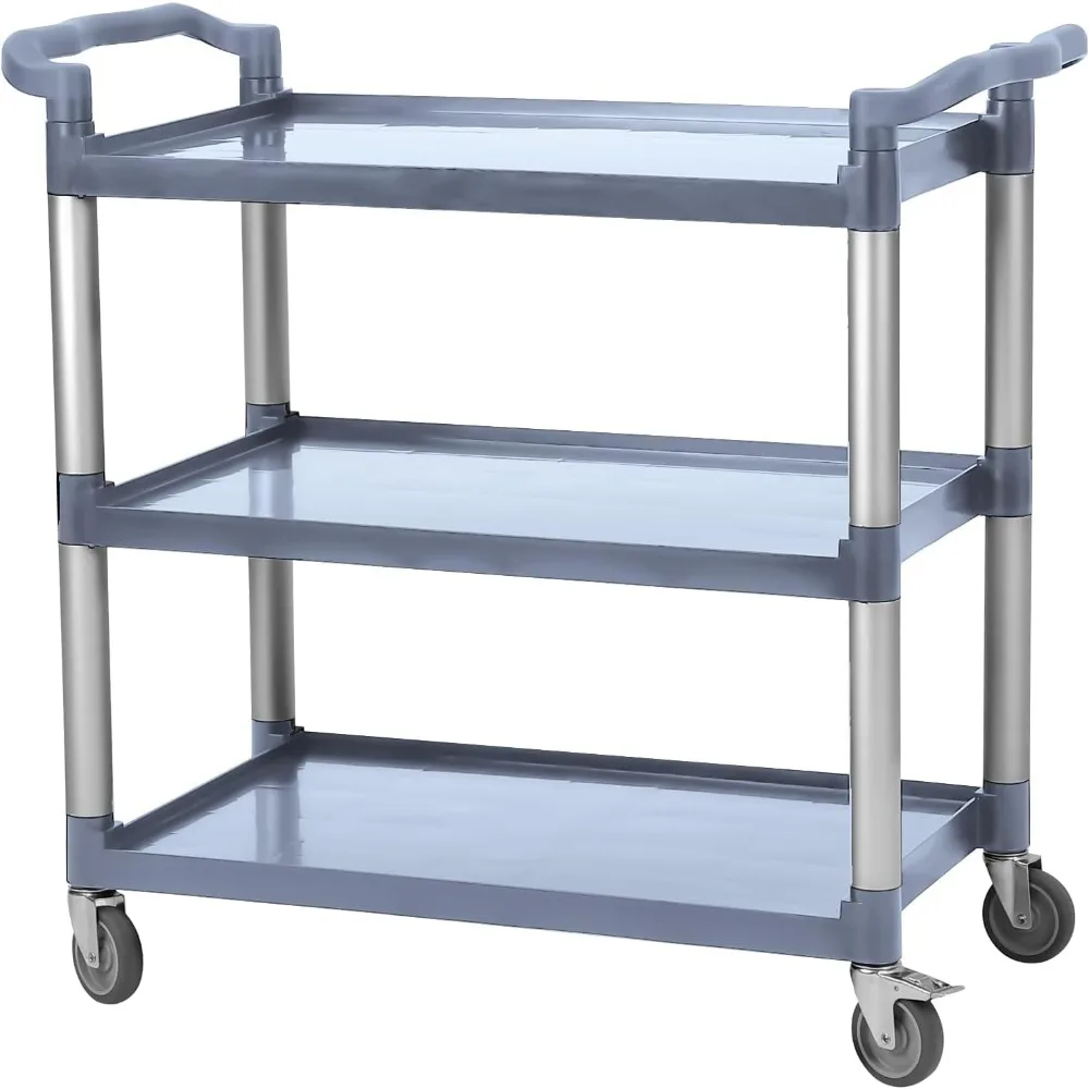 

3-layer plastic service utility cart with wheels, a 360 pound restaurant food cart, used for catering services/office/cleaning