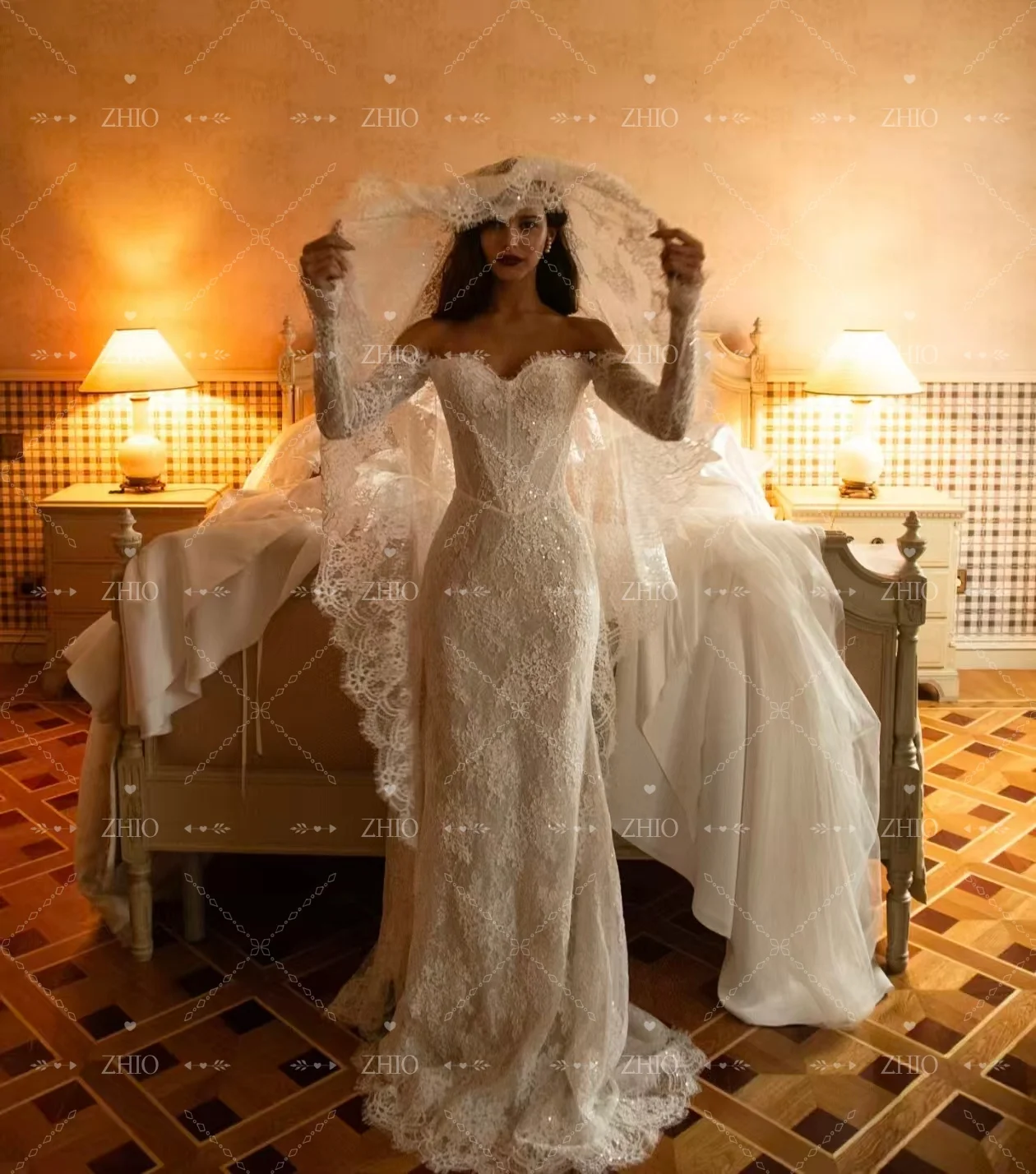 ZHIO خمر العاج الدانتيل فستان الزفاف الحبيب قبالة الكتف حورية البحر سويب تراين فستان زفاف Cutsomzied فاخر Vestido de novia