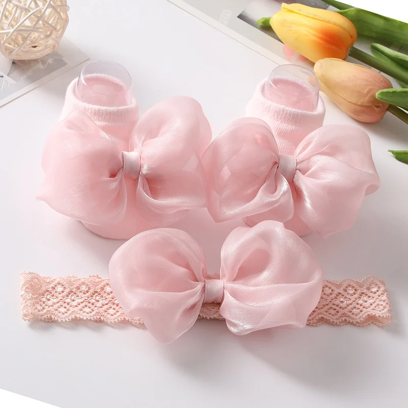 2Pcs Summer Baby Walking Socks Thin Lace Gauze Bowknot Floor Socks Infant Toddler Sweet Princess Socks + Headband Sets