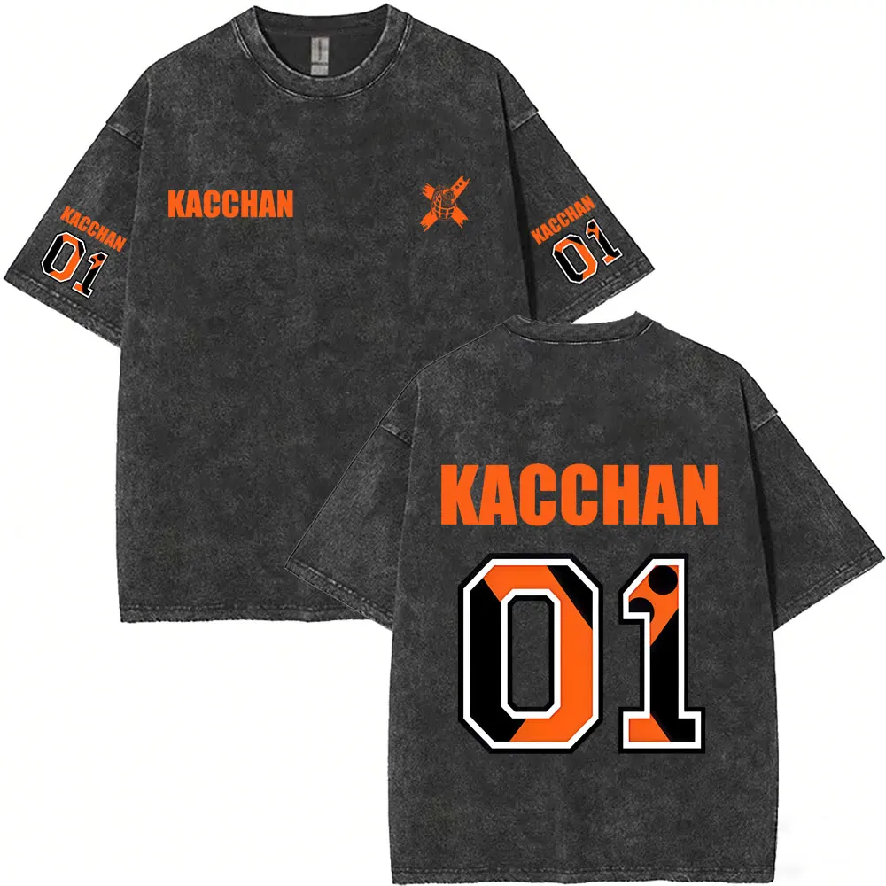 Anime My Hero Academia Bakugou Katsuki Vintage Washed T-shirt Men Manga Retro Oversized T Shirts Men's Cartoon Harajuku T-shirts