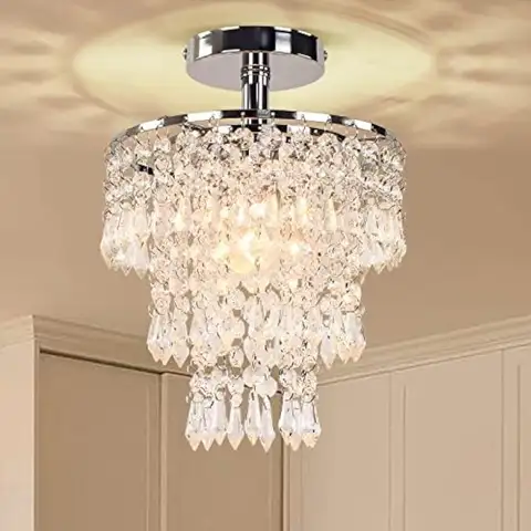 Small Crystal Chandelier Led Crystal Ceiling Lights 3 Tiers Crystal Raindrops Chandelier Pendant Lighting Fixture Decoration for Bedroom Hallway Living Room,Chrome, E26