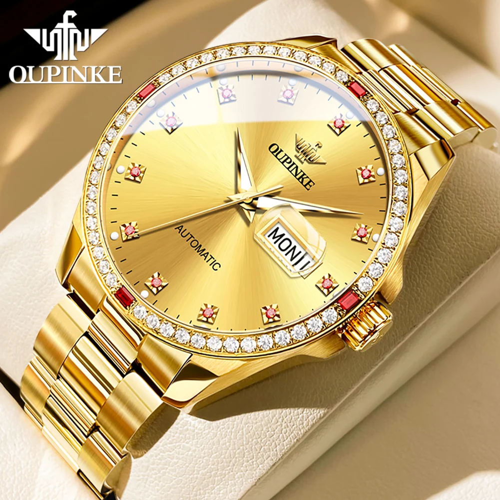 OUPINKE 3261 Men's Watches Flywheel Automatic Mechanical Original Wristwatch for Man Waterproof Luminous Perpetual Dual Calendar