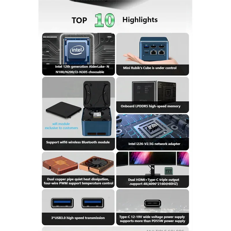 Mini PC, N100(4C/4T, fino a 3,4 GHz), 16 GB LPDDR5 NO SSD UHD Grafica Barebone Mini computer desktop WiFi6/BT5.2