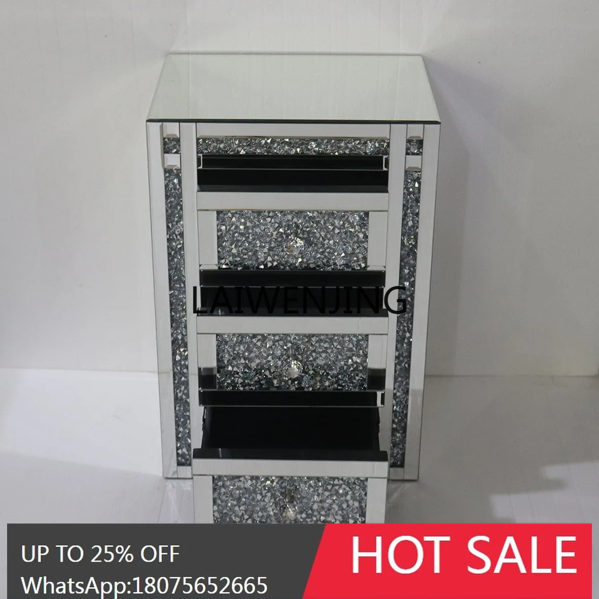 modern simple silver mirror glass rhinestone three-pump bedside table side cabinet