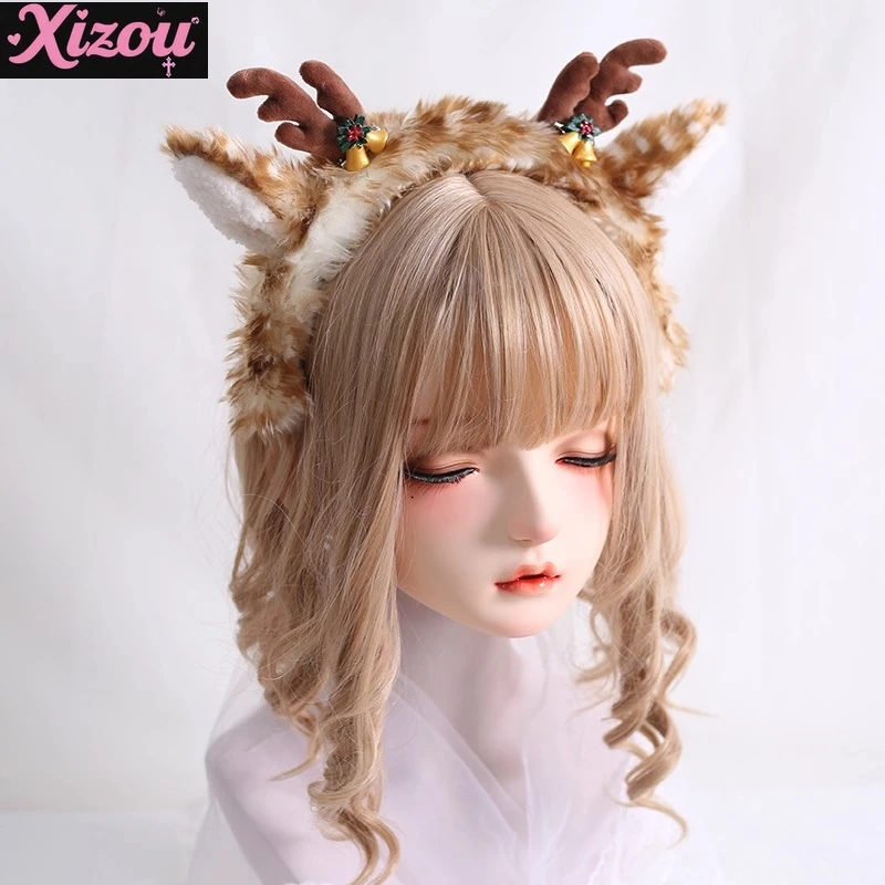 

Японская милая плюшевая новогодняя рождественская повязка на голову для девочек в стиле Лолиты, милый лось, пятнистые рога, уши, колокольчики, заколка для волос, осень и зима для женщин