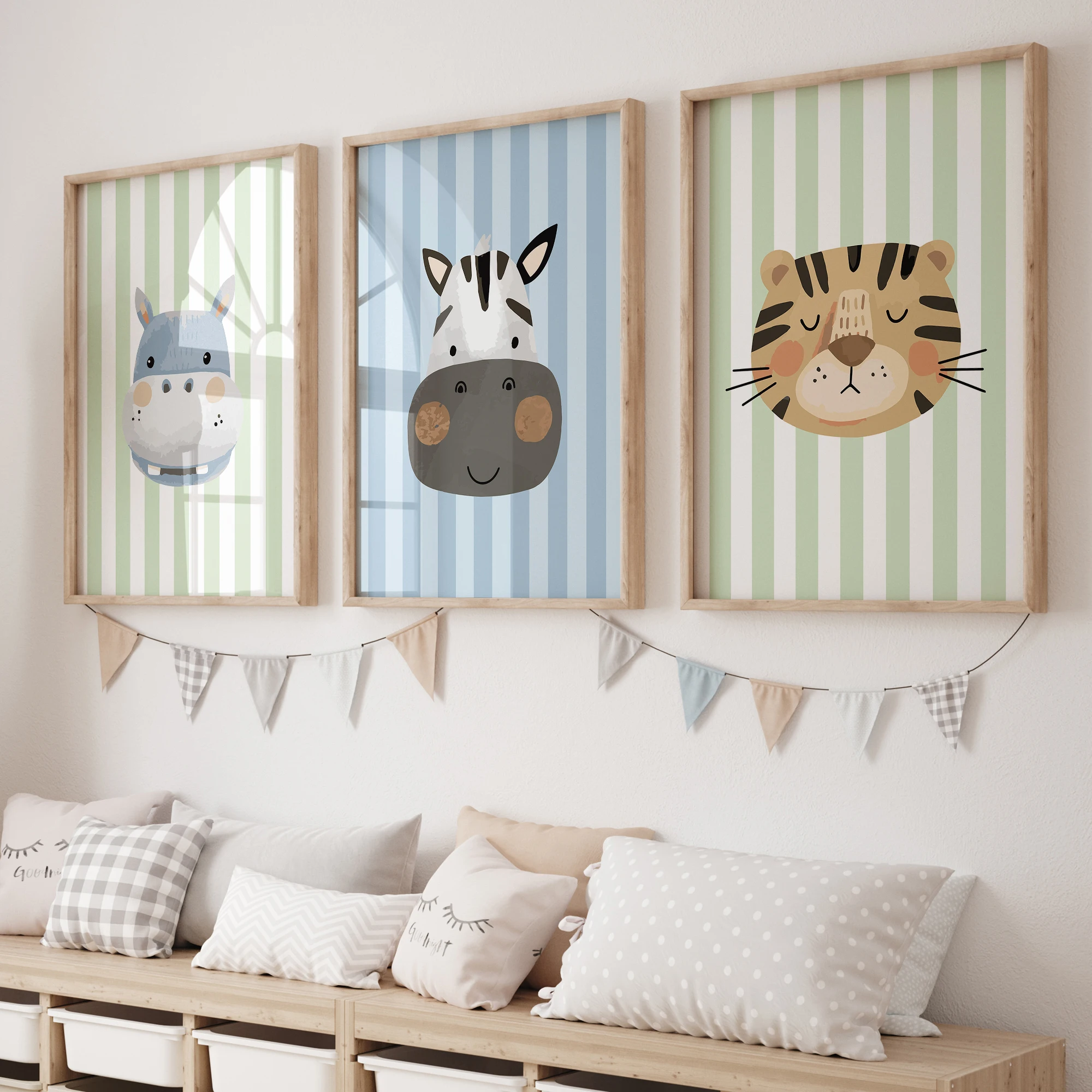 Cartoon Simple Striped Hippo, Zebra And Tiger Wall Art Print Canvas Painting Poster Picture For Living Room,Kids Room Home Decor