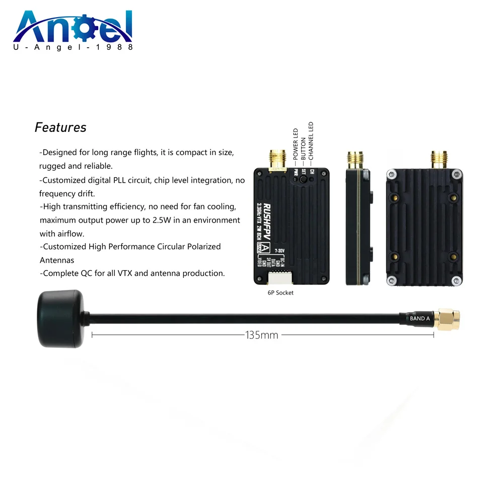 RushFPV 3,3G 2W VTX 8CH 2000MW Audio Video FPV Sender Empfänger Modul 7-30V für RC FPV Drone Quadcopter Modell Teil
