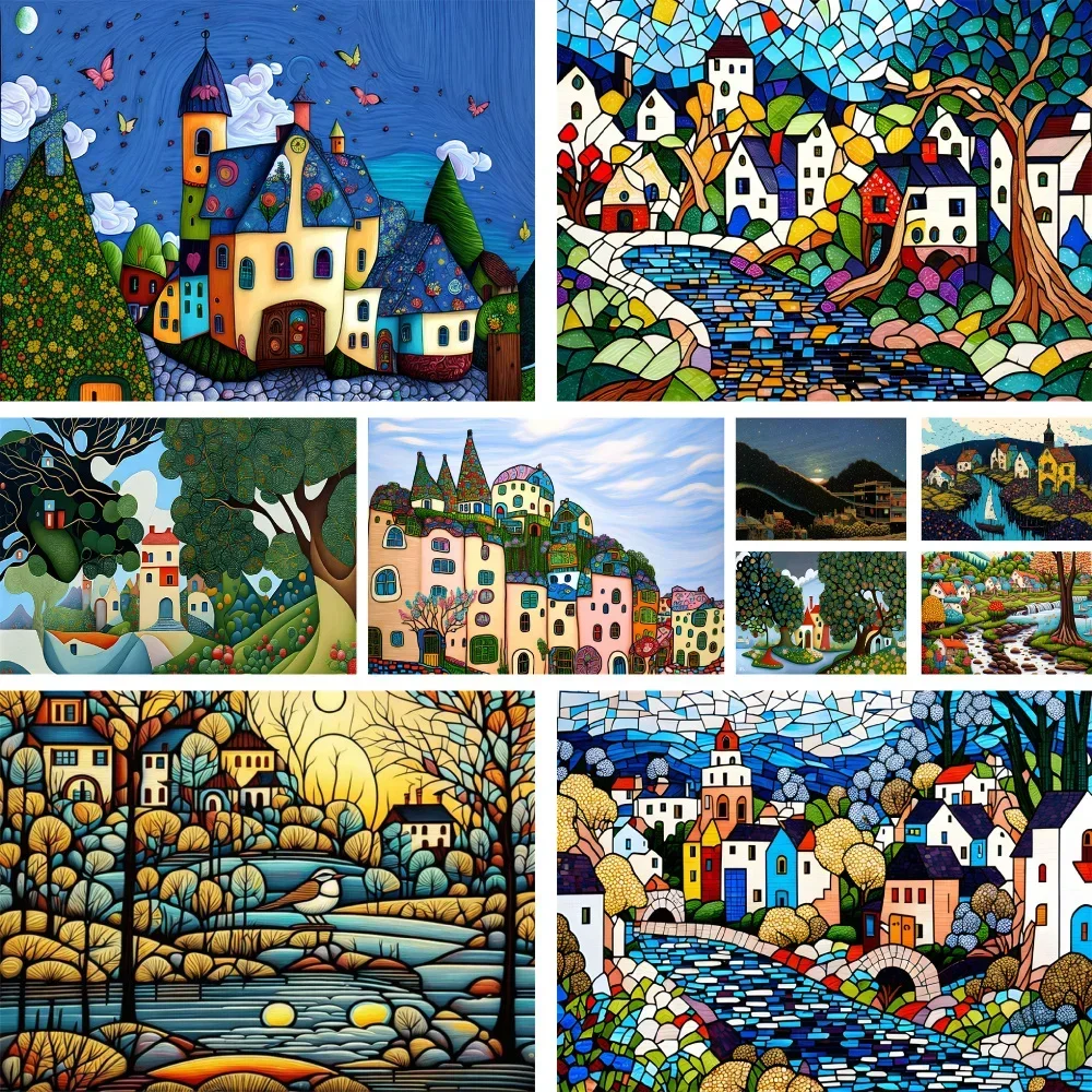 

Cartoon Cube House Landscape Painting By Numbers Package Acrylic Paints 50*70 Picture By Numbers Photo Wall Paintings For Kids